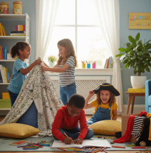 Grupo de crianças brincando de forma criativa dentro de casa, desenhando e montando uma cabana, sem uso de aparelhos eletrônicos.