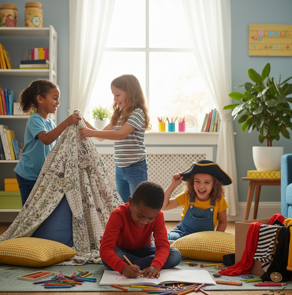 Grupo de crianças brincando de forma criativa dentro de casa, desenhando e montando uma cabana, sem uso de aparelhos eletrônicos.